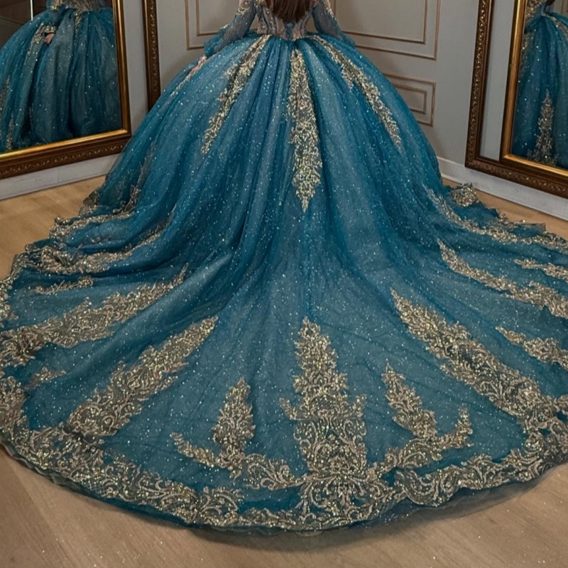Blue Shiny Quinceanera Dresses Ball Gown Off The Shoulder Applique Lace Beads Tull Corset Party Birthday Sweet 16 Dress Vestidos De 15 Anos