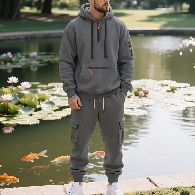 Hoodie Sweatshirt with Zipper and Multiple Pockets Pullover Men's Sports Casual Top Two-Piece Set