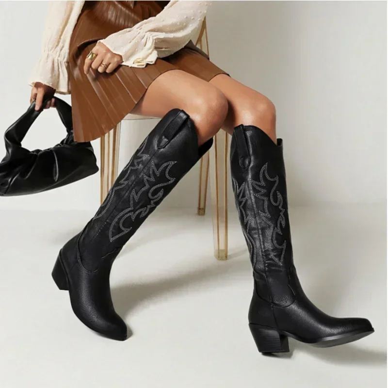 Pointed Toe Knight Boots for Women Brown PU Leather Knee High Boots Woman Autumn Winter Western Cowboy Long Botas Mujer 250716