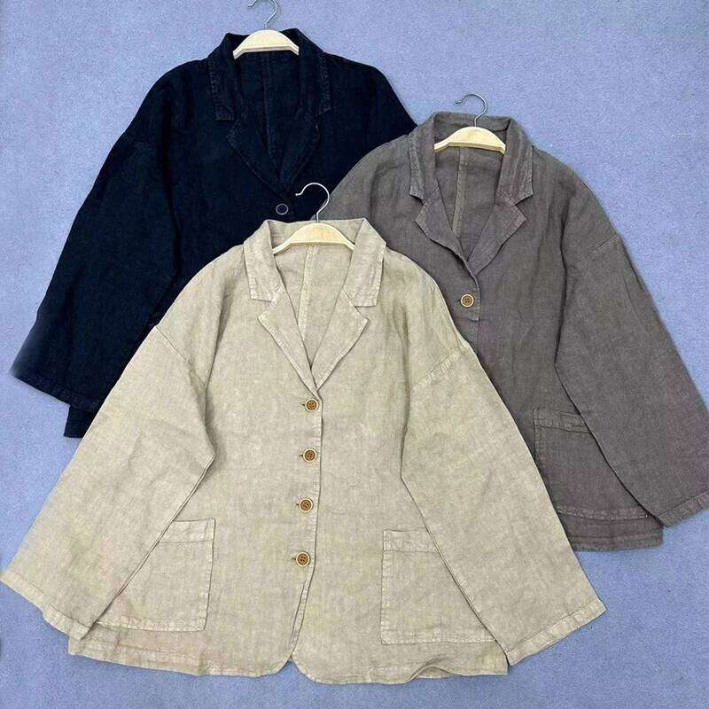 Designer Clothing Johnature Spring New Vintage Jackets 2025 Linen Turn-Down Collar Simple Casual Loose All Match Button Pockets Women Coats Fashion
