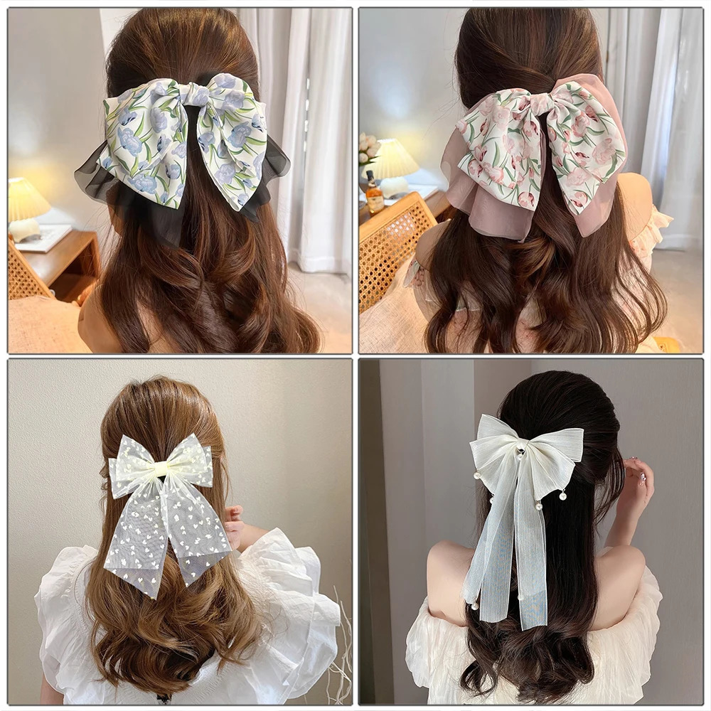 Triple-Layer Bow Hair Clips Girls Pearl Rhinestone Spring Clips Hairpin For Women Holiday Fashion Ponytail Hair Accessories 250716