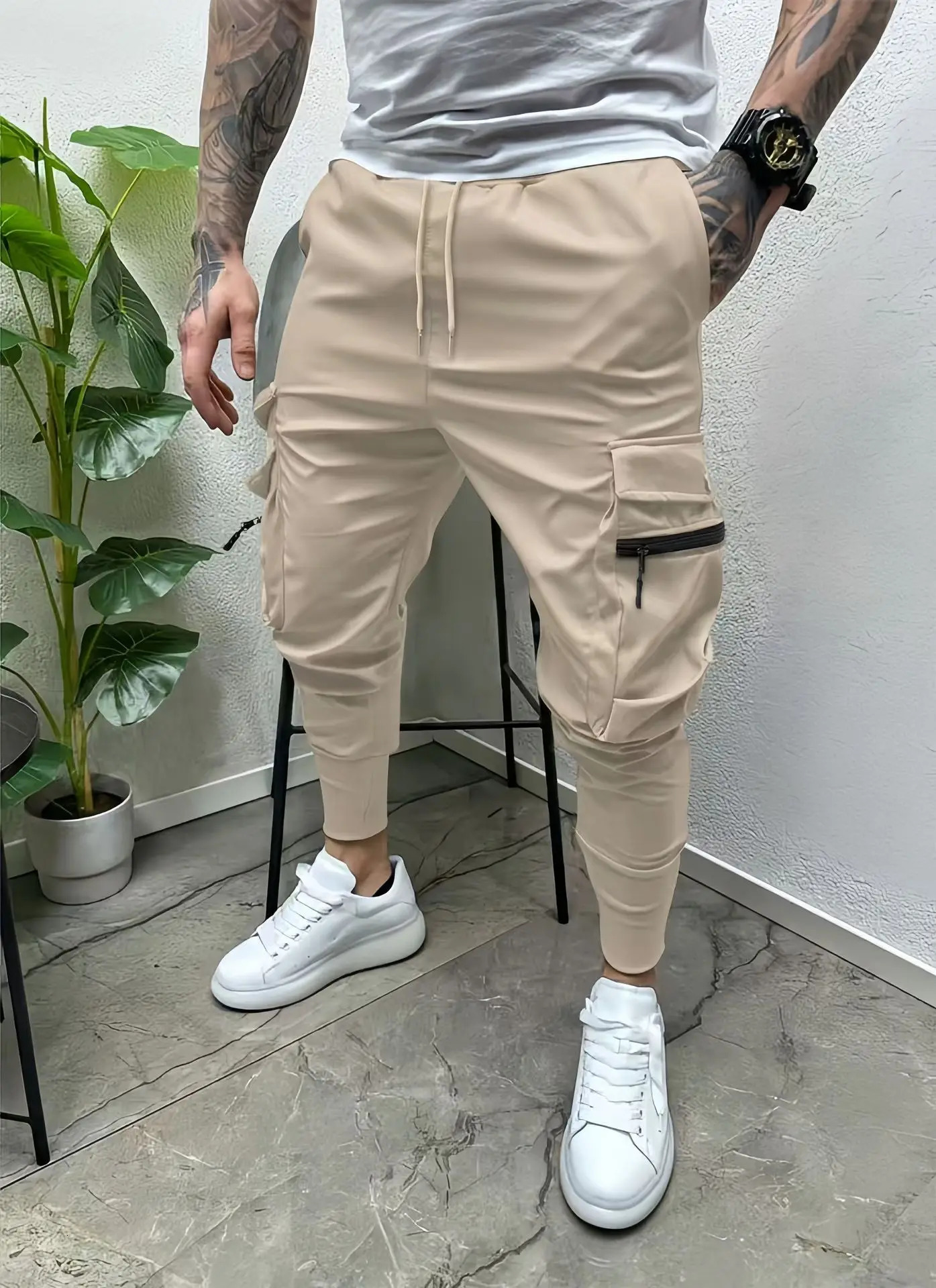 Mens spring and autumn drawstring casual multi-pocket leg slim-fit street overalls outdoor trend pants and fitness pants 250715
