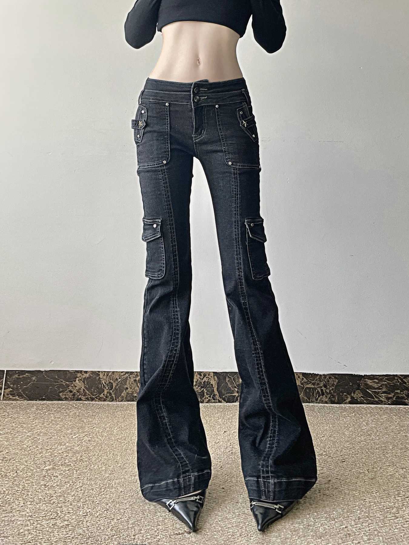 Weekeep Punk Style Star-shaped Rivet Jeans Low Rise Multi-pockets Patchwork Denim Cargo Pants Korean Fashion Hippie Flared Jeans R250716