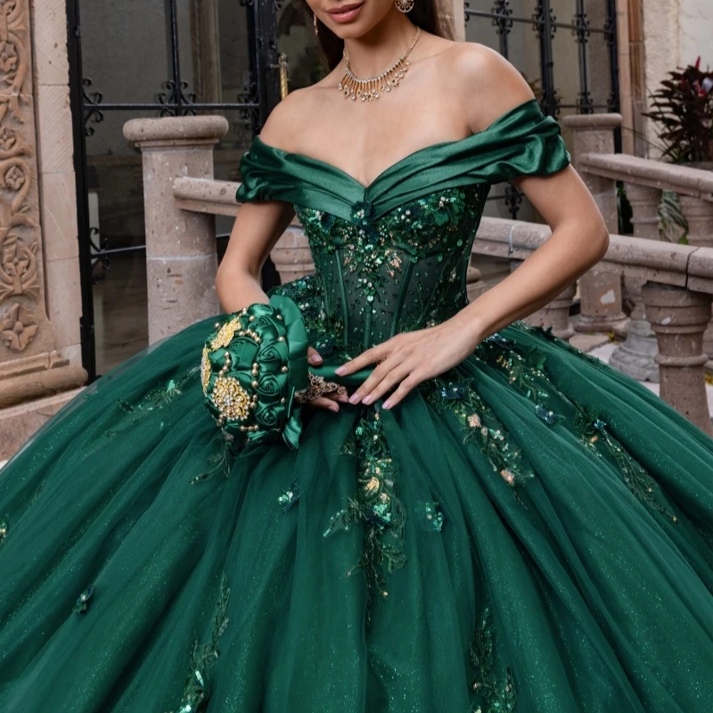 Blackish Green Shiny Off The Shoulder Ball Gown Quinceanera Dresses Sequin Appliques Lace Beads Tull Sweet 16 Dress vestidos 15 De Anos