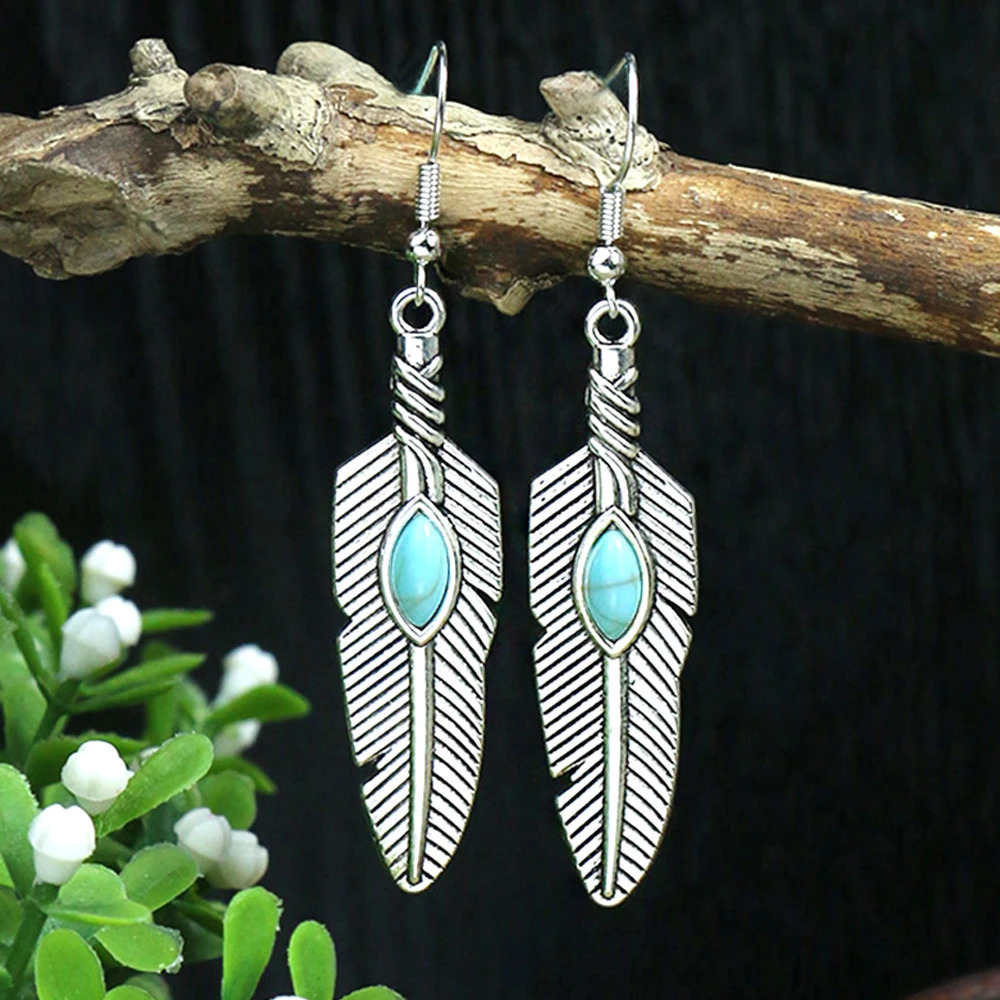 Ancient Silver Ethnic Style Earrings Turquoise Inlaid Beads Bell Leaves Birds Embellishment Personalized Accessories Gift Party 250716