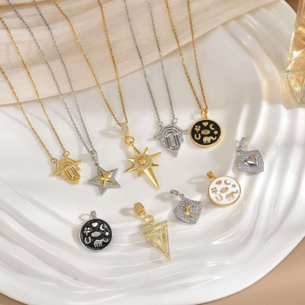 New Heart-Shaped Pentagram Peach Heart Two-Tone Electroplated Zircon Pendant Necklace For Women Light Clavicle Chain 484