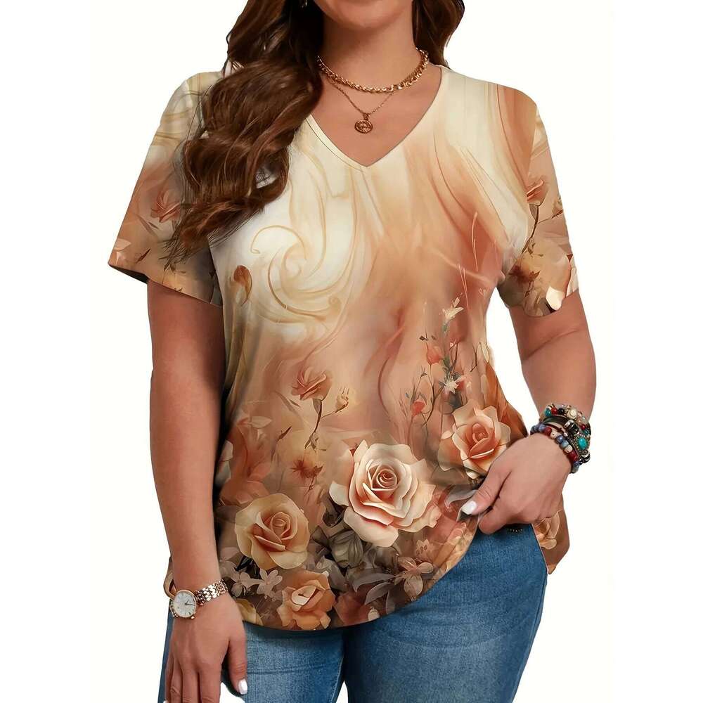 Women Elegant Simple V-Neck Short Sleeve 3D Floral Print Top Summer Casual Ladies T-Shirt Vintage Pullover Tops