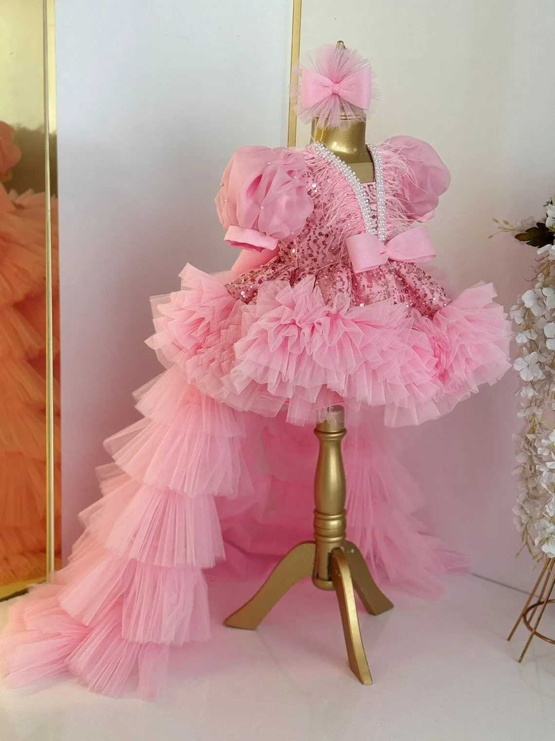 Dusty Pink Birthday Princess Feather Tulle Pageant Dress Glitter Flower Girl Dress Party Bow Formal Prom Gowns with Long Train Z250716