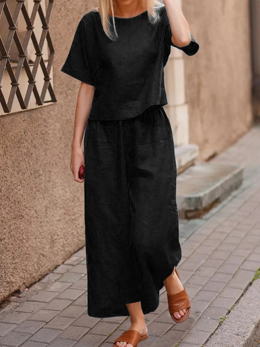 Cotton Womens Suit Pantsuit Loose O-neck Top Wide-leg Trouser Suits Female Spring Pant Sets Fashion Casual Black Set Ladies 250715