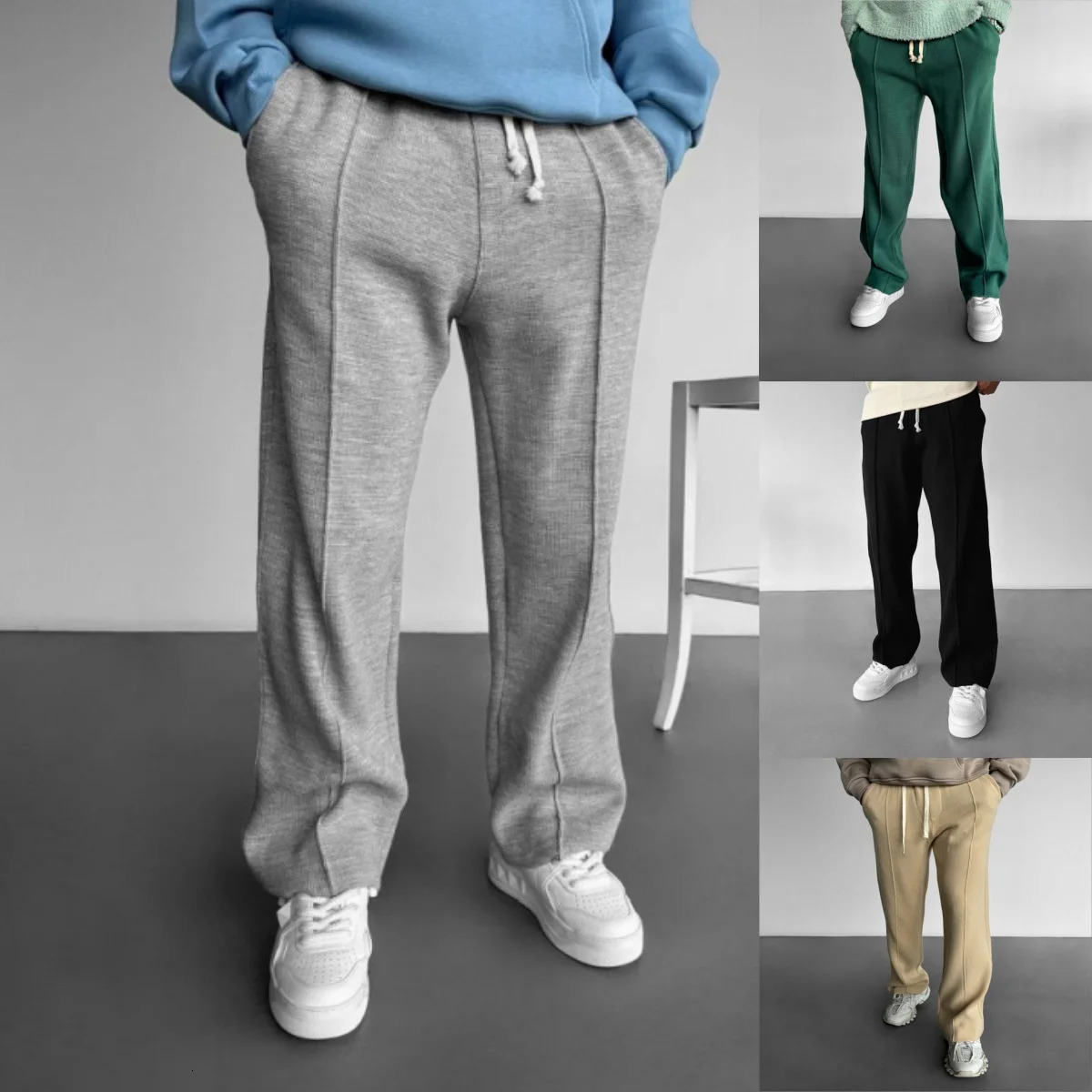 Mens business casual solid color waffle rope straight jogging pants suitable for shopping and casual pants 250715