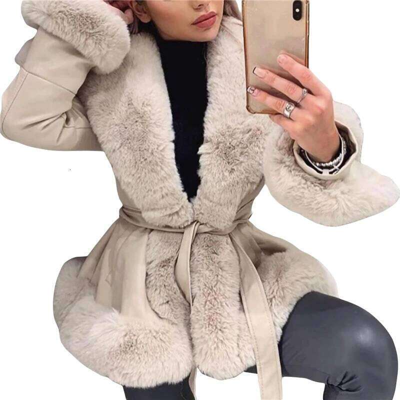 Lamuusaa Jacket Women Y2k Clothing Artificial Fur Collar V Neck Long Sleeve PU Leather Coat With Belt 2000S Clothes Outerwear