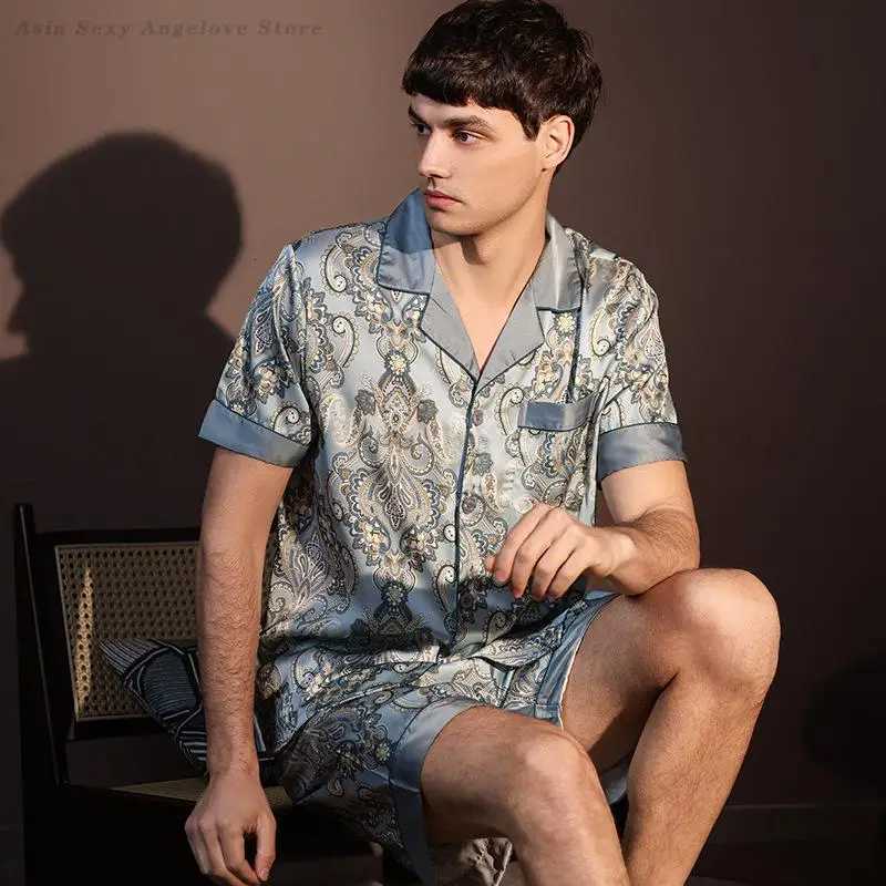 Large Size 3XL Men Pajama 2Pcs Set Summer New Short Sleeve Shorts Pajama Set Loose Ice Silk Satin Sleepwear Mens Home Clothes W250717