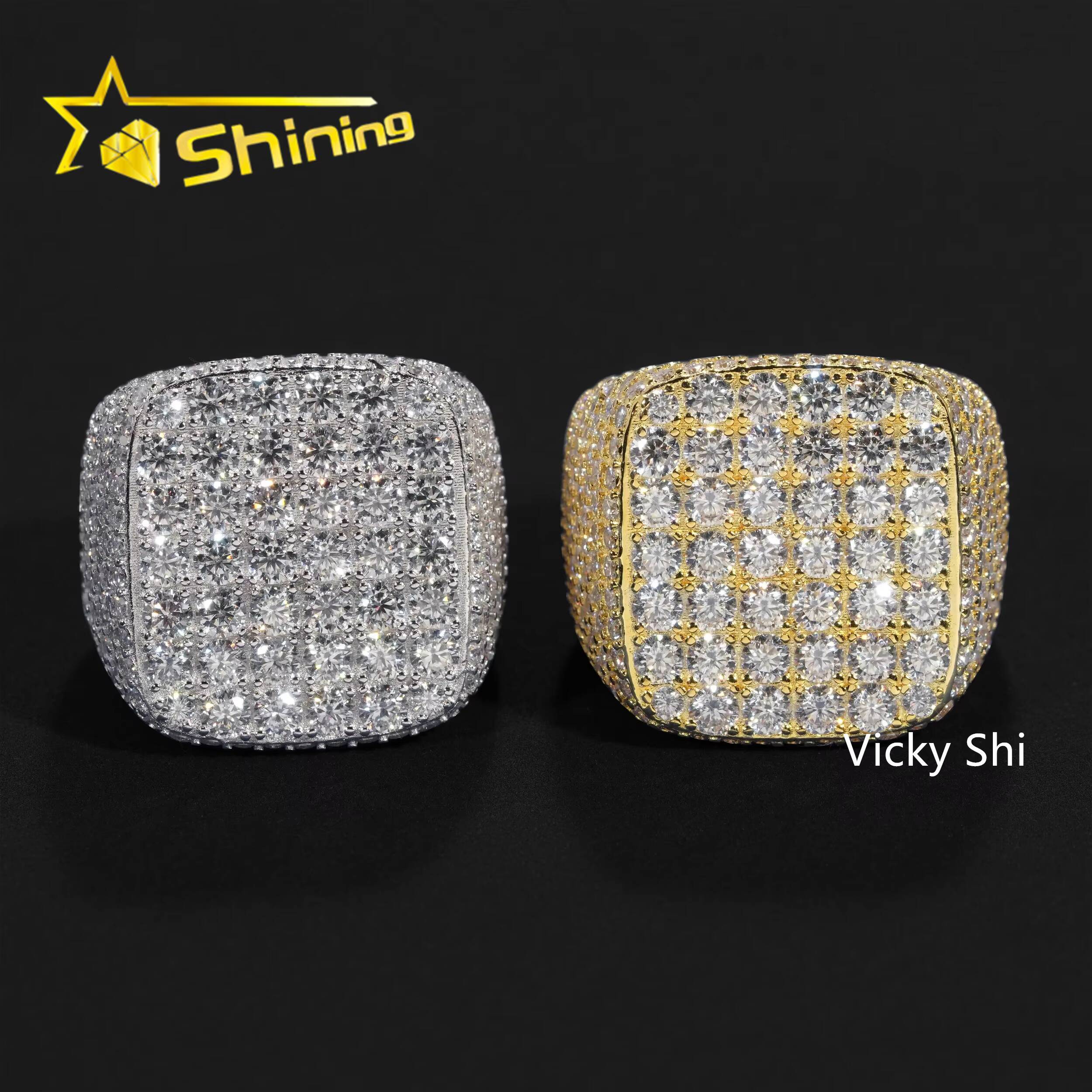 Hot Sell Luxury 925 Sterling Silver Fully Iced Out VVS Moissanite Ring Custom Hip Hop Moissanite Diamond Ring for Men