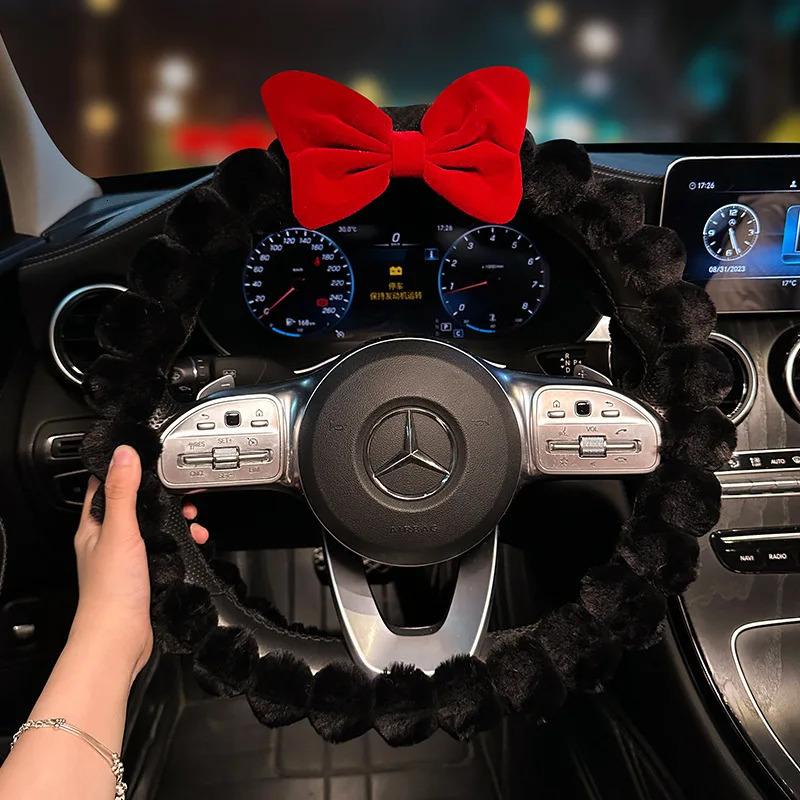 Steering Wheel Cover Plush For Winter Women Anti Slip Warm Handlebar Cover Cute Pink Bowknot Interior Accessories Auto Supplier 250715