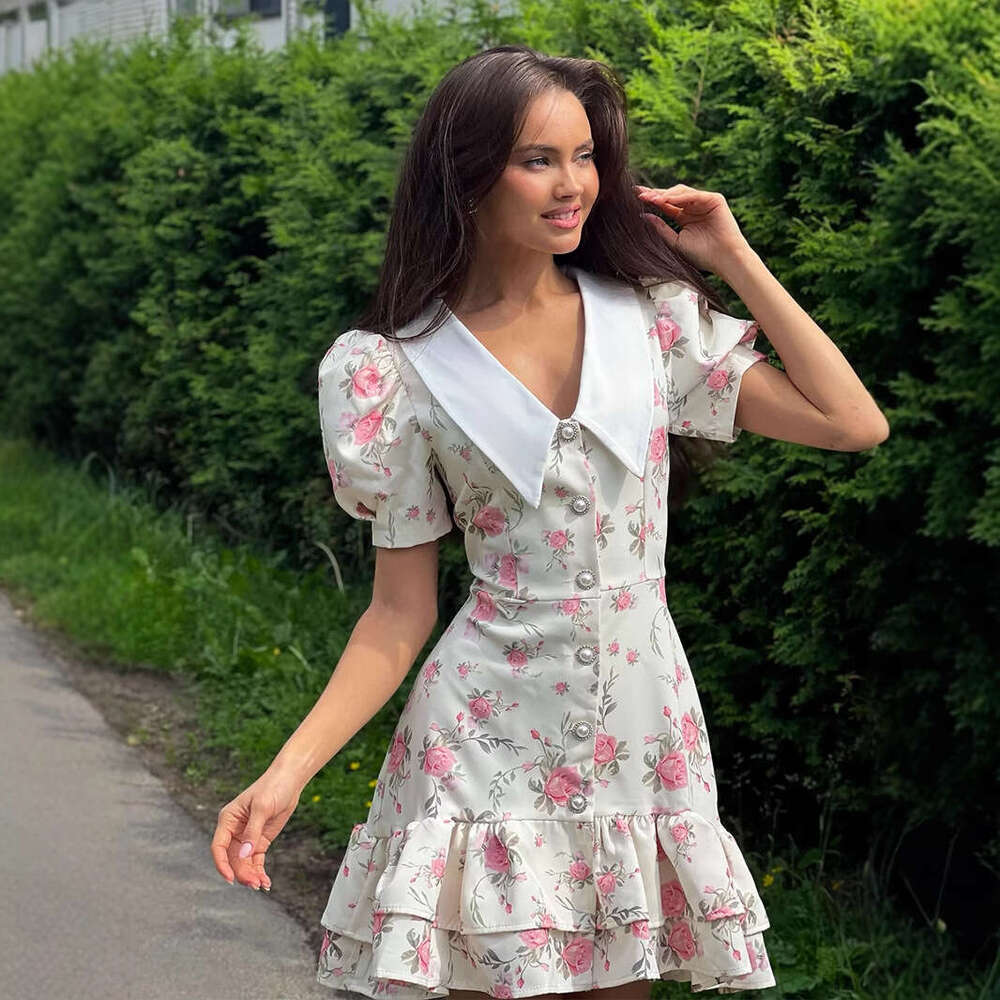 French Style V-Neck Puff Sleeve Summer Waist-Cinching Printed Short Dress With Ruffles B5