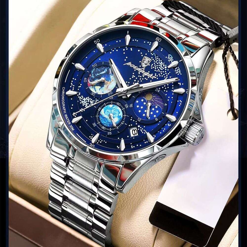 DHwatches Men's Multifunction Sports Watch - 50M Waterproof Stainless Steel Chronograph with Moon Phase & Date (Model 916)