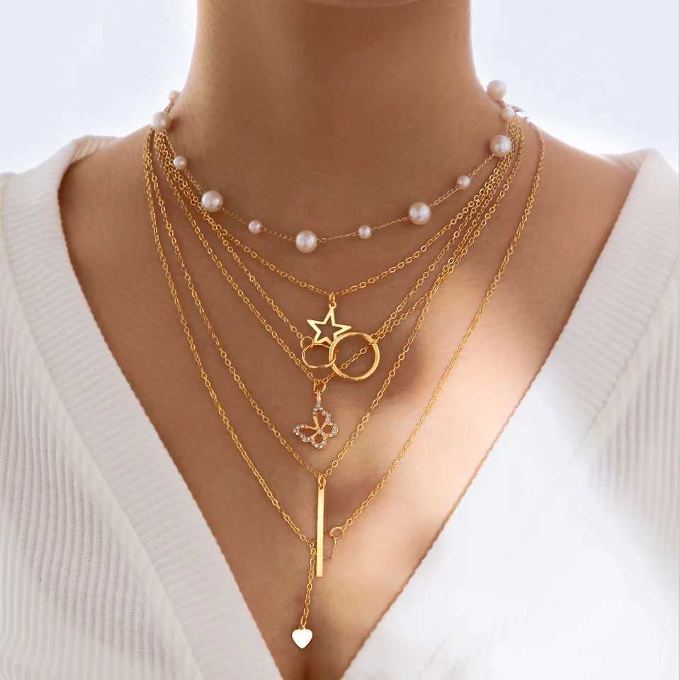 7 Pcs Fashion Punk Gold Color Pendant Chain Necklace Set for Women Vintage Boho Letter Coin Multi-Layer Necklaces Jewelry Gifts XJ250717
