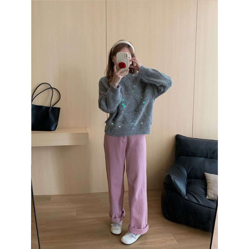 French Style Sequin Hollow Soft Sweater Knitwear For Women Autumn Winter Heavy Craft Design Niche Lazy Loose Top B5