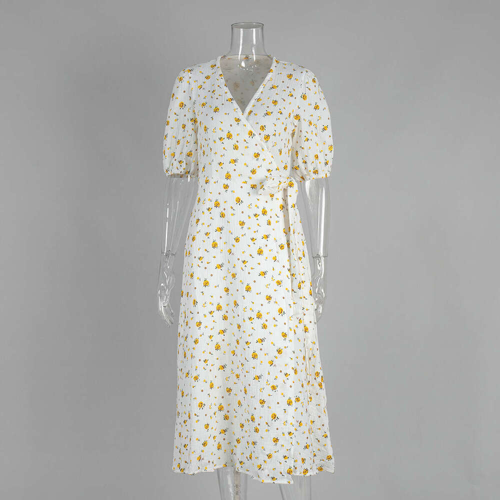 100% Cotton New Women's Puff V-Neck Tie Short Sleeve Printed Dress B5