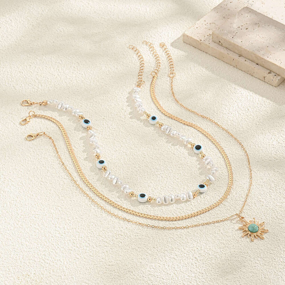 Trendy Eight-Pointed Star Pendant Necklace Layered High-End Demon Eye Imitation Pearl Jewelry for Women