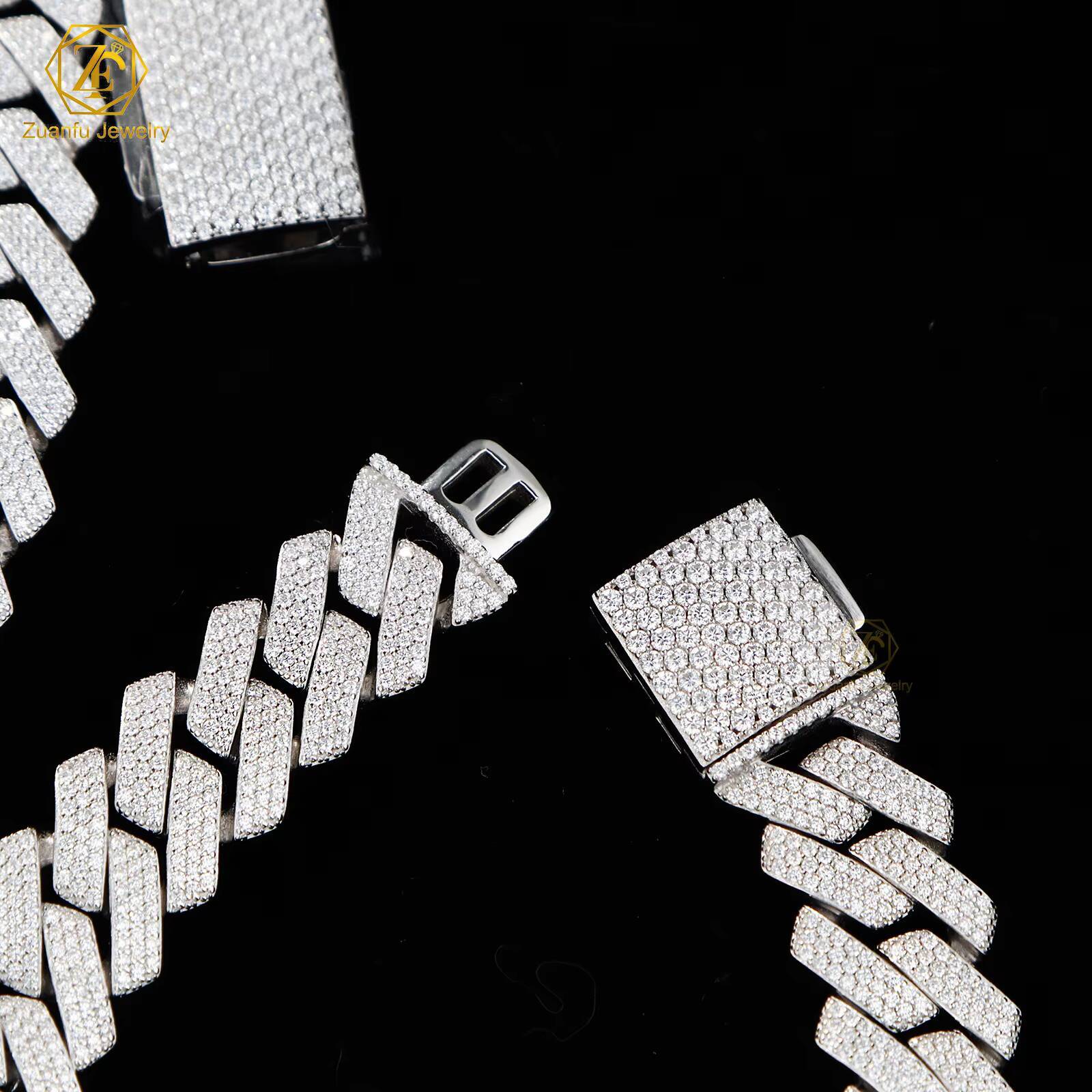 3 Rows15mm Cuban Link Chain Bracelet Iced Out 925 Silver Hiphop Round D VVS Diamond Moissanite Cuban Link Chain Necklace