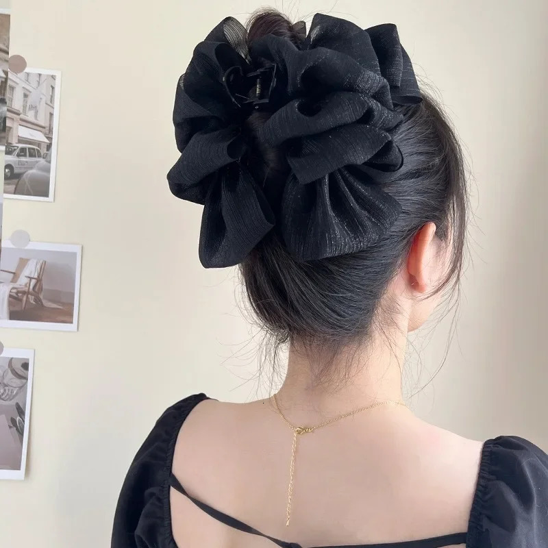 Sweet Mesh Large Bow Hair Claw Clips for Women Solid color Elegant Bowknot Ponytail Clip Girl Headdress Accessories 250716