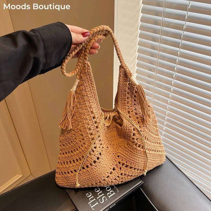 Crochet 2-In-1 Shoulder Bag Set For Women Raffia Boho Rattan Summer Beach Vacation Tote Bags Knitted Design Handbags Female 2025