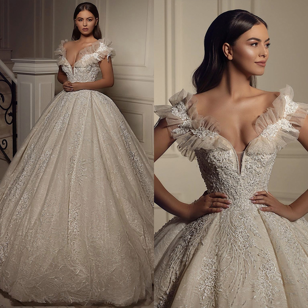 Fairy Ball Gown Wedding Dresses Off-the-shoulder Lace Up Appliques Lace Bridal Gowns Pleat Sweep Train Customized Events