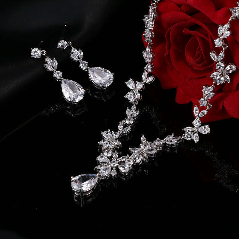 Classic Popular Zircon Necklace Earrings Korean Ins Style Bride Wedding Set