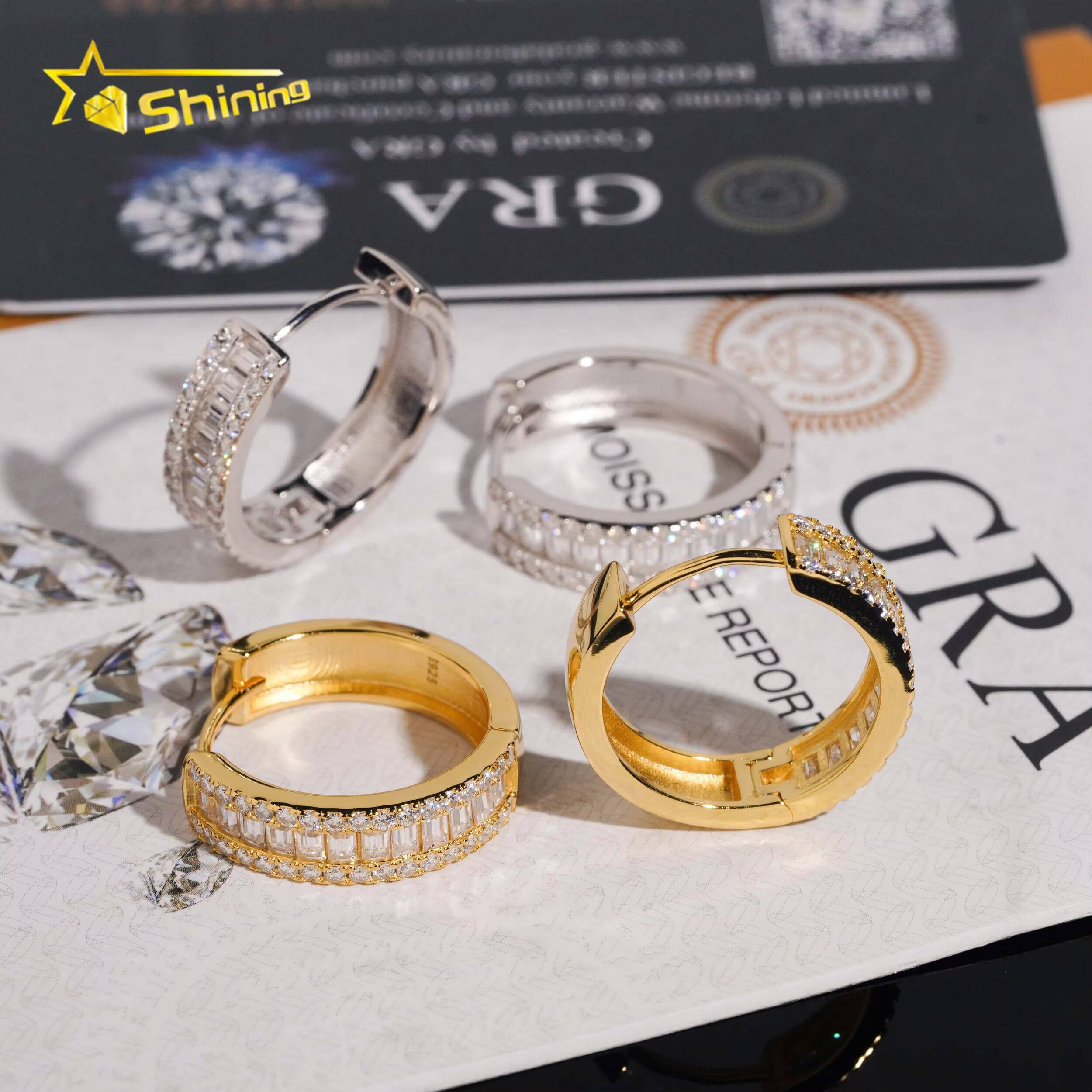 Fine Jewelry 925 Silver Hip Hop Gold Plated Iced Out Baguette Moissanite Diamond Hoop Earrings