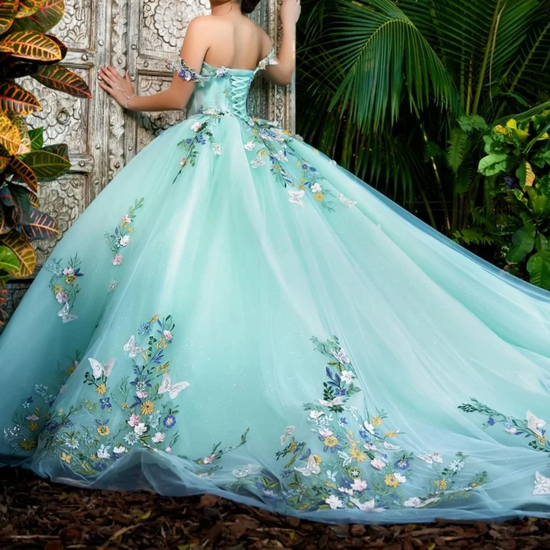 Mint Green Quinceanera Dresses Ball Gown Off The Shoulder Applique Bow Beading Tull Corset Sweet 16 Dress Vestidos 15 De Anos