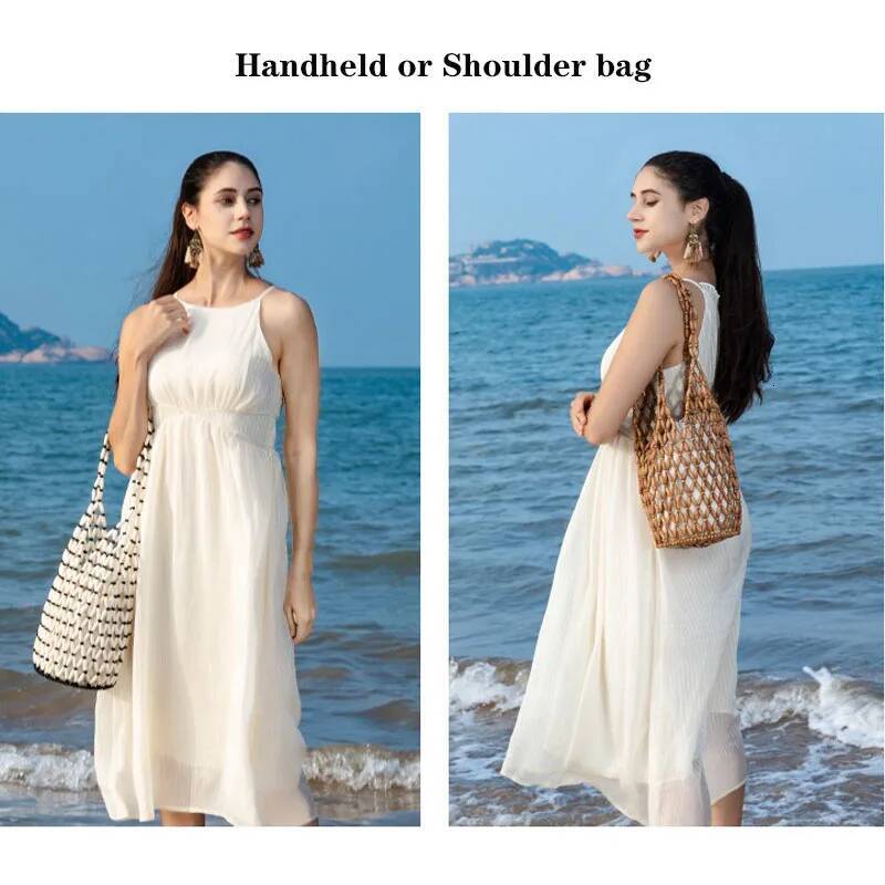 Women Beaded Summer Design Hollow-out Wooden Bead Tote Bucket Shoulder Bag Female Beach Handbag