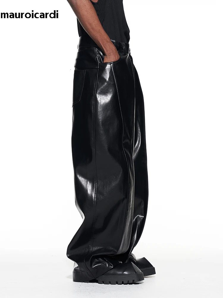 Mauroicardi Spring Autumn Long Loose Casual Baggy Black Shiny Reflective Patent Pu Leather Pants Men Wide Leg Trousers Fashions 250704