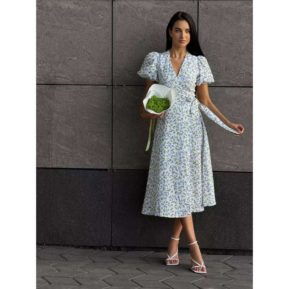 Summer New Women's Cotton Printed With Tie Straps And Puff Sleeves Long Dress B5