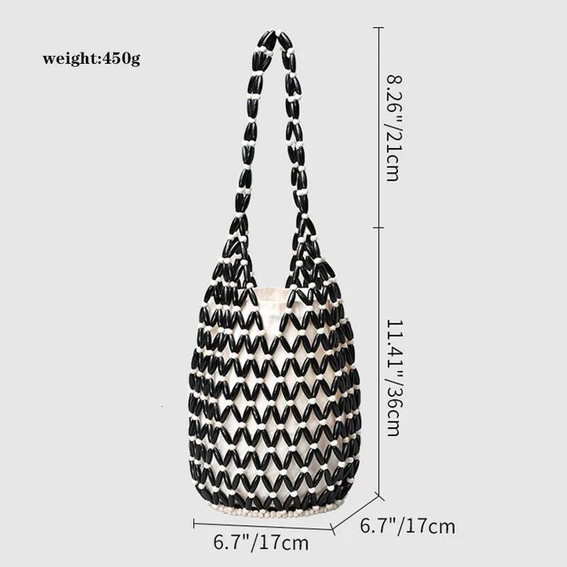Women Beaded Summer Design Hollow-out Wooden Bead Tote Bucket Shoulder Bag Female Beach Handbag