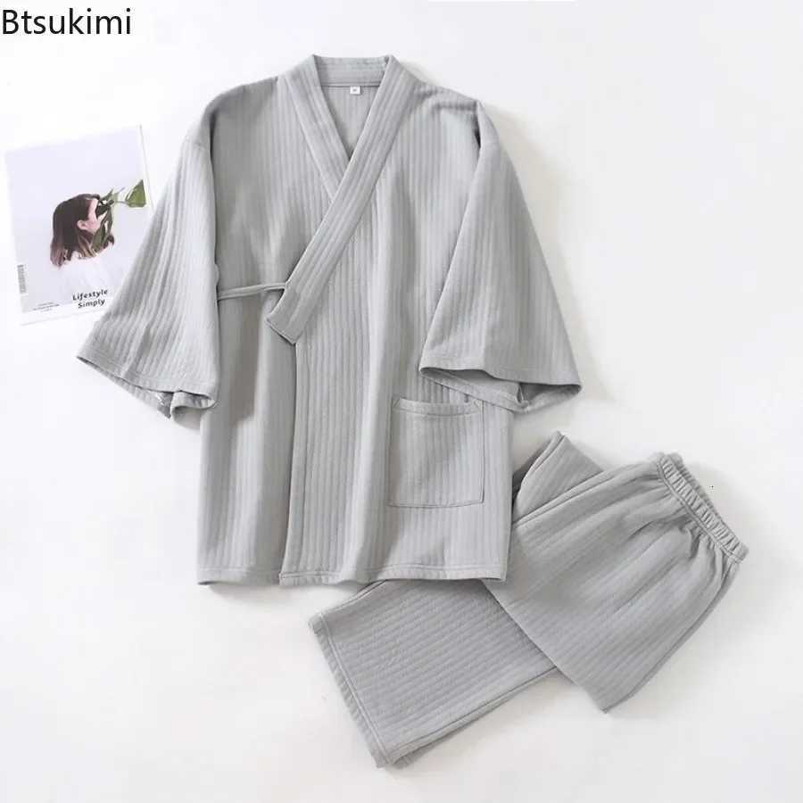 Mens Autumn Winter Pajama Sets Japanese Style Kimono Sleepwear Two-Piece 100% Cotton Air Layer Thick Warm Home Clothes Suit W250717