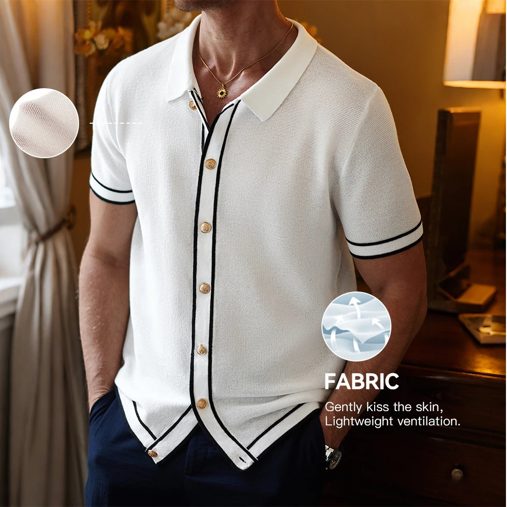 Slavinson Mens Polo Shirts 2025 Summer Mens Retro Knit Lapel Striped Fashion Short-Sleeved Casual Slim Tops US Size 250716