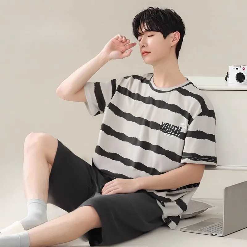 Pajamas Mens Summer Short Sleeve Shorts Sleepwear Cotton Simple Nightwear Youth Casual Striped loungewear set mens pajama set W250717