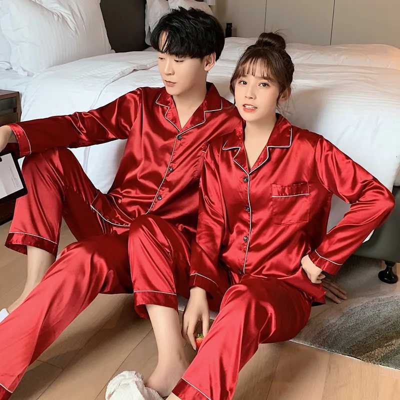 Solid Color Sleepwear Silk Satin Pajamas Couple Set Long Button-Down Pajamas Suit Sleepwear for Women and Men Plus Size Pj Set W250717