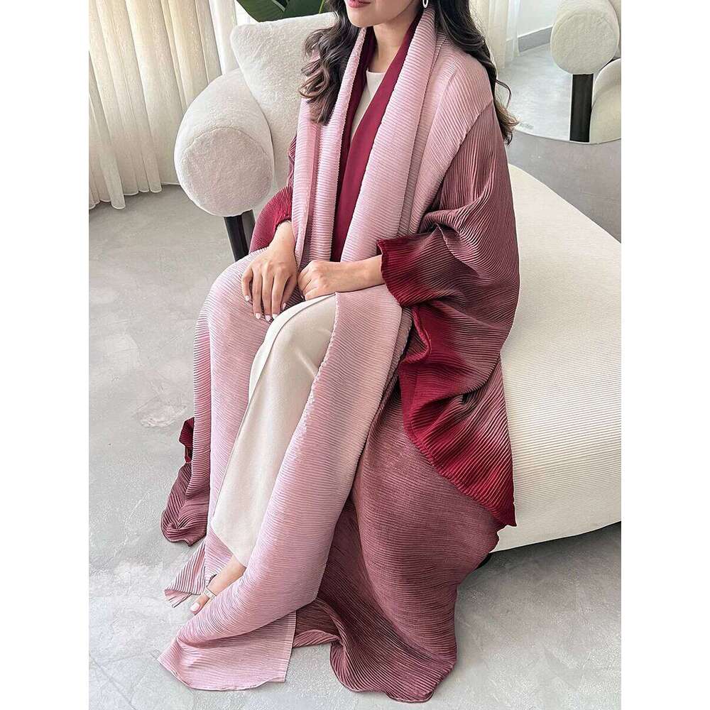 Miyake Pleated Gradient Bat Windbreak Coats Women Dubai Designer Fashion Turndown Collar Loose Long Cardigan Jacket With Belt