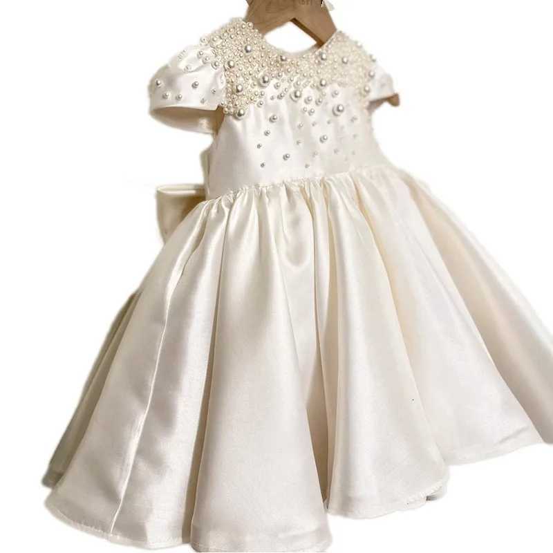 Baby Kids Princess Satin Pearls Bow Flower Girl Dress Children First Communion Dress Ball Gown Wedding Party Dress Birthday Z250716