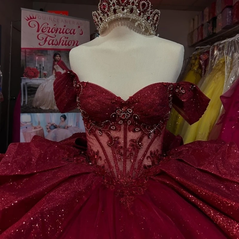 Red Shiny Quinceanera Dresses Ball Gown Off The Shoulder Applique Lace Beads Bow Tull Party Birthday Sweet 16 Dress Vestidos 15 De Anos