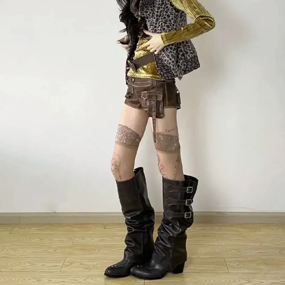 High Quality Punk y2k Gothic style Vintage Motorcycles Western Boots for Women Black Rivets Knee High Boot Shoes 250703