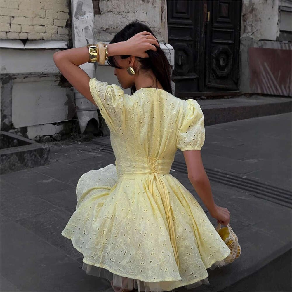 Pure Cotton Yellow Summer New Waist-Tied Sexy Embroidered Short Dress B5