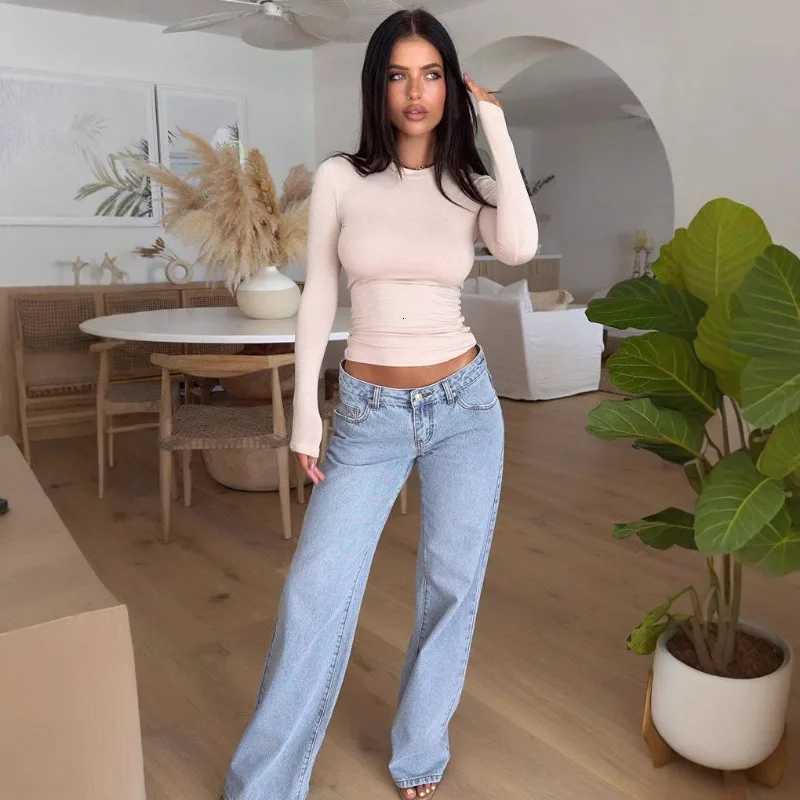 Fashion Casual Womens Spring Summer Y2k Light Blue Baggy Pants Low Waist Loose Fit Straight Leg Denim Pants with Pockets R250716