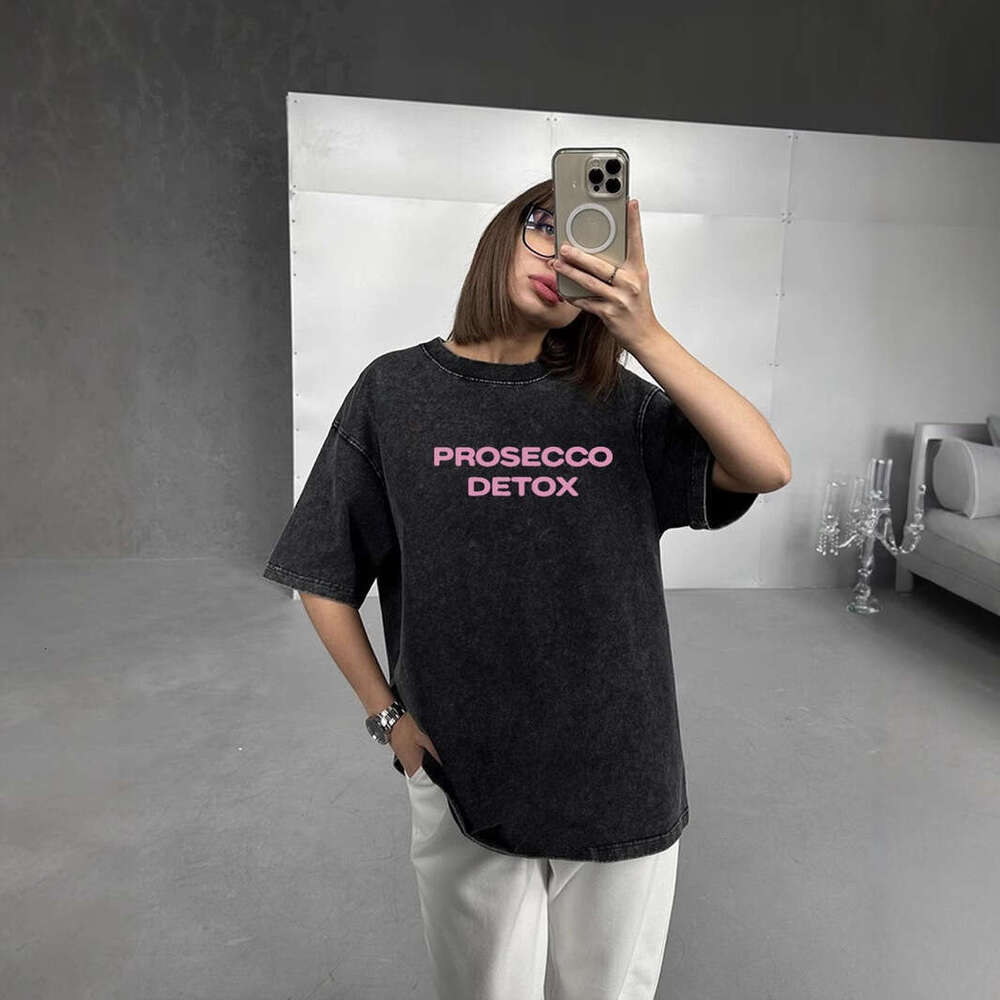 Loose Fit Letter Print Short Sleeve T-Shirt For Women Summer New Washed Vintage Design Base Shirt Ins B5
