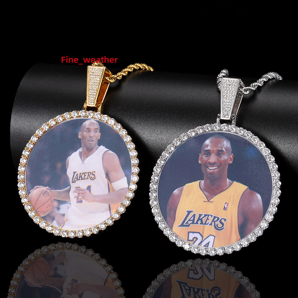 Custom Big Size Hip Hop Iced Out Cubic Zircon Gold Plated Brass Circle Photo Frame Pendant Necklace Jewelry for Family Gift