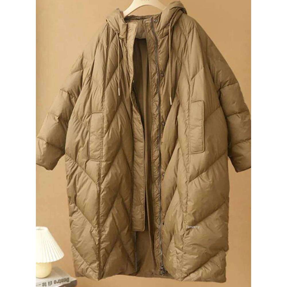 Janveny Loose Long Coat 90% White Duck Down Jacket Women 2025 Female Overcoat Winter Hooded Puffer Feather Parkas MDNG