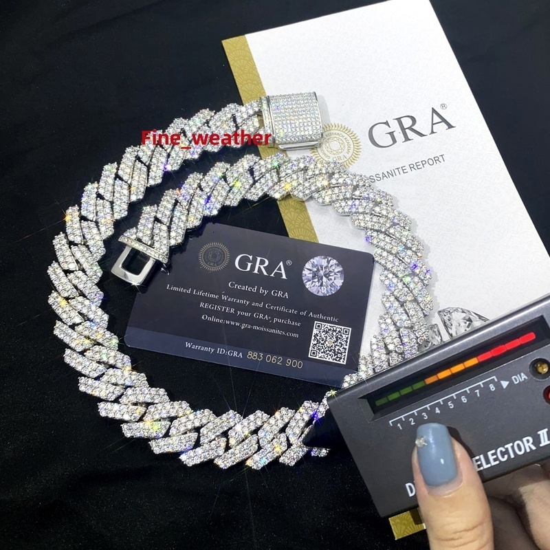 Pass Diamond Tester GRA Moissanite Diamond 6mm-20mm Wide 2Rows 925 Solid Silver Cuban Link Chain for Rapper Hip Hop Necklace