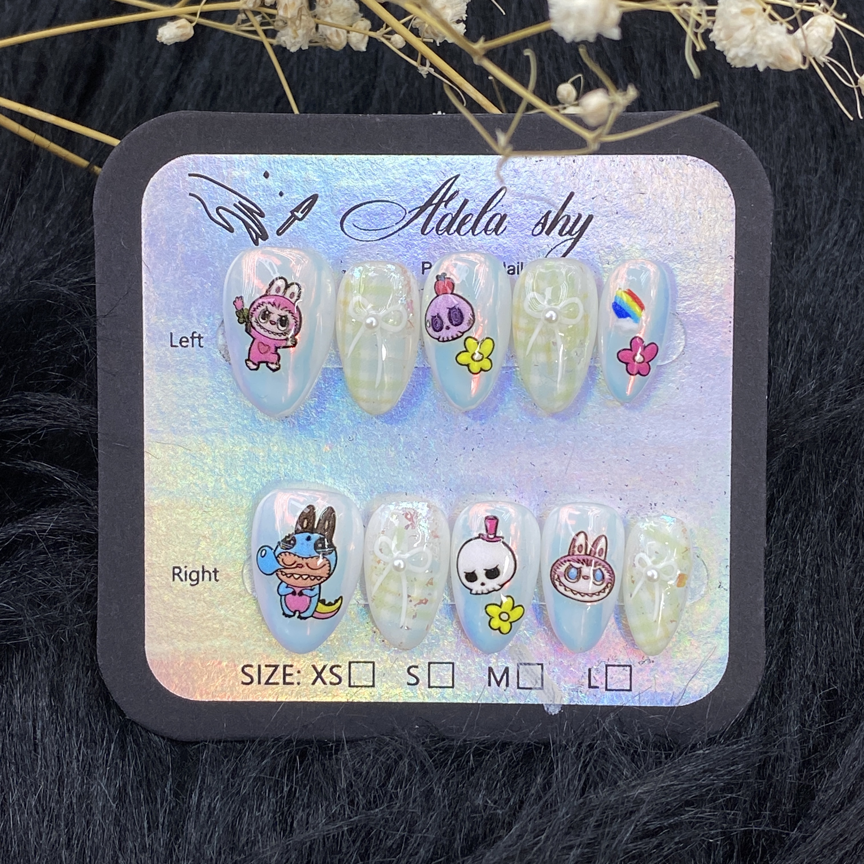 False Nails 10pcs Medium Almond Milky White Cute Cartoon Nail Art with Rabbit Panda Dog Skull Flower Rainbow Pearl Bow Full Cover Press On DIY Tips